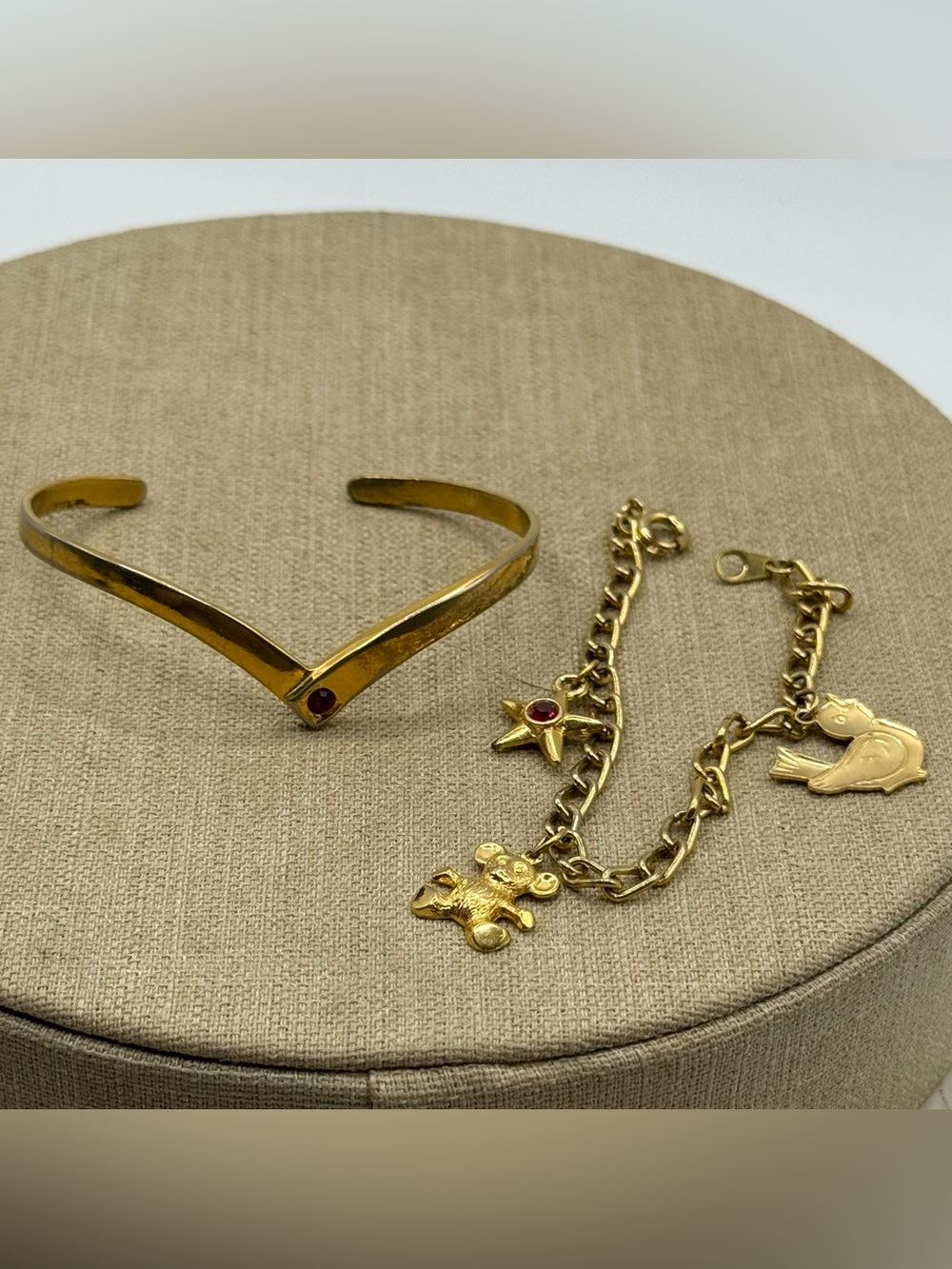 Gold-Tone V Cuff and Charm Chain Bracelet Set with Red Accents